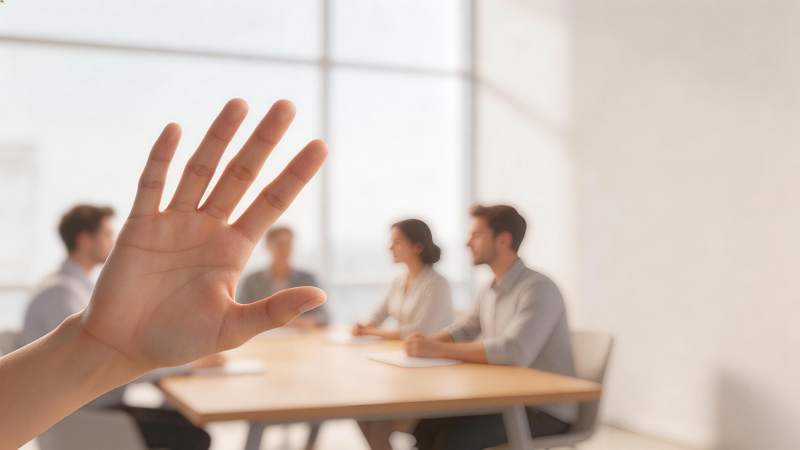 会议中一人举手示意发言场景图片