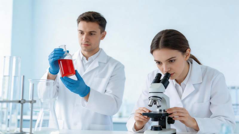 实验室中科研人员进行显微观察与溶液分析图片