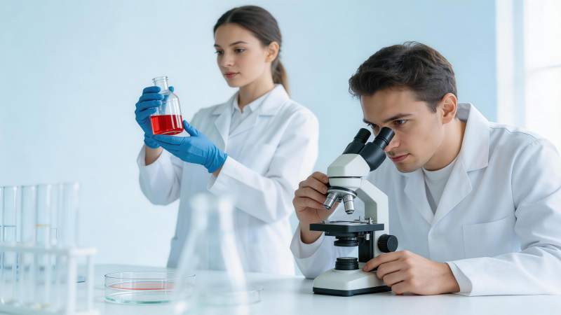 实验室中科研人员进行显微观察与试剂分析图片