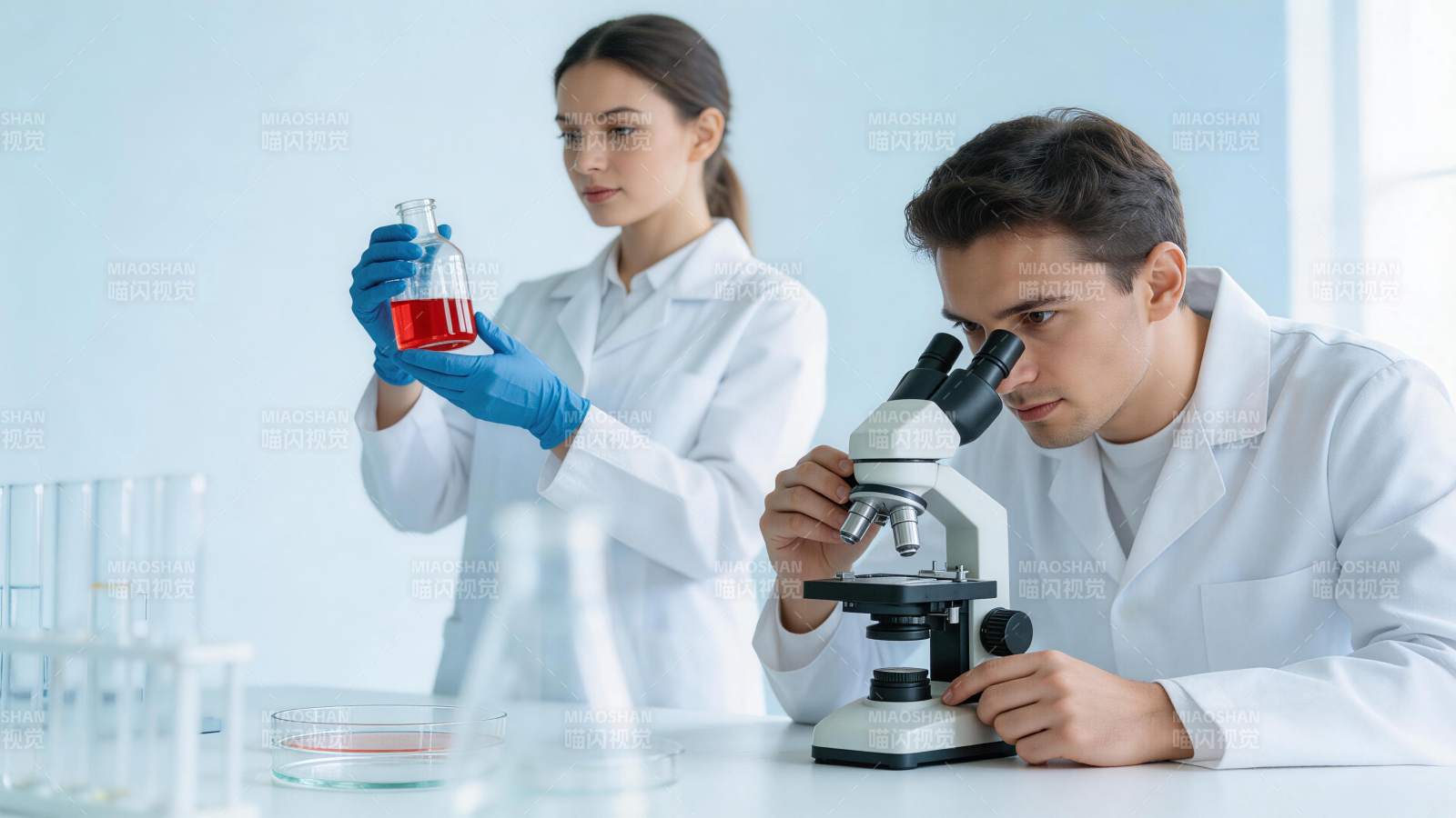 实验室中科研人员进行显微观察与试剂分析图片