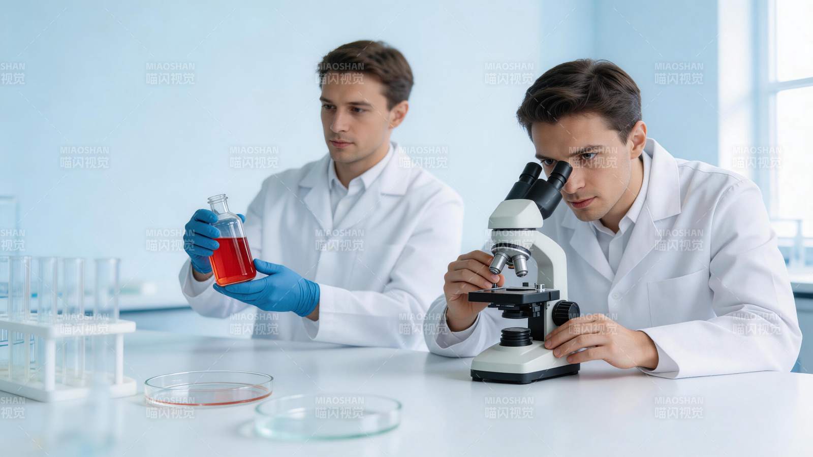 两位科研人员在实验室进行显微观察与溶液分图片