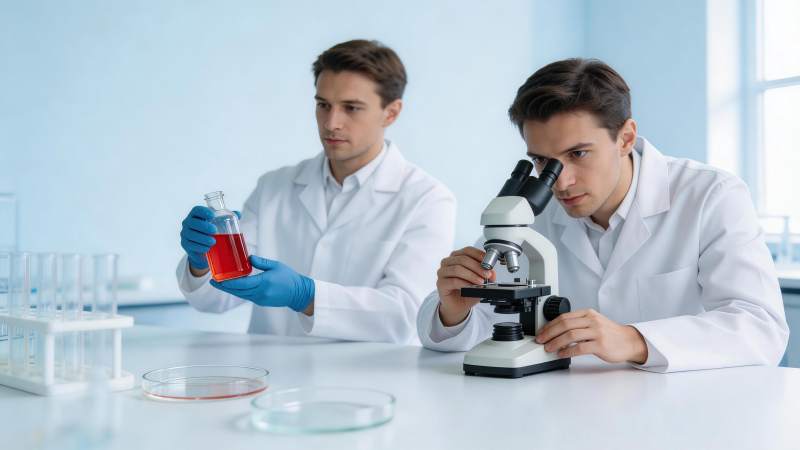 两位科研人员在实验室进行显微观察与溶液分图片