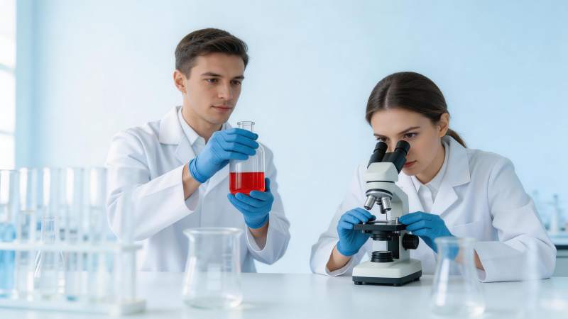 实验室中科研人员进行化学实验与显微观察图片