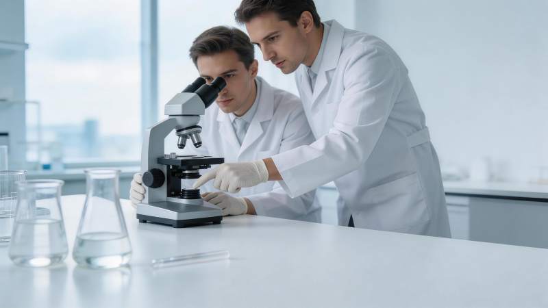 两位科研人员在实验室使用显微镜进行观察研图片