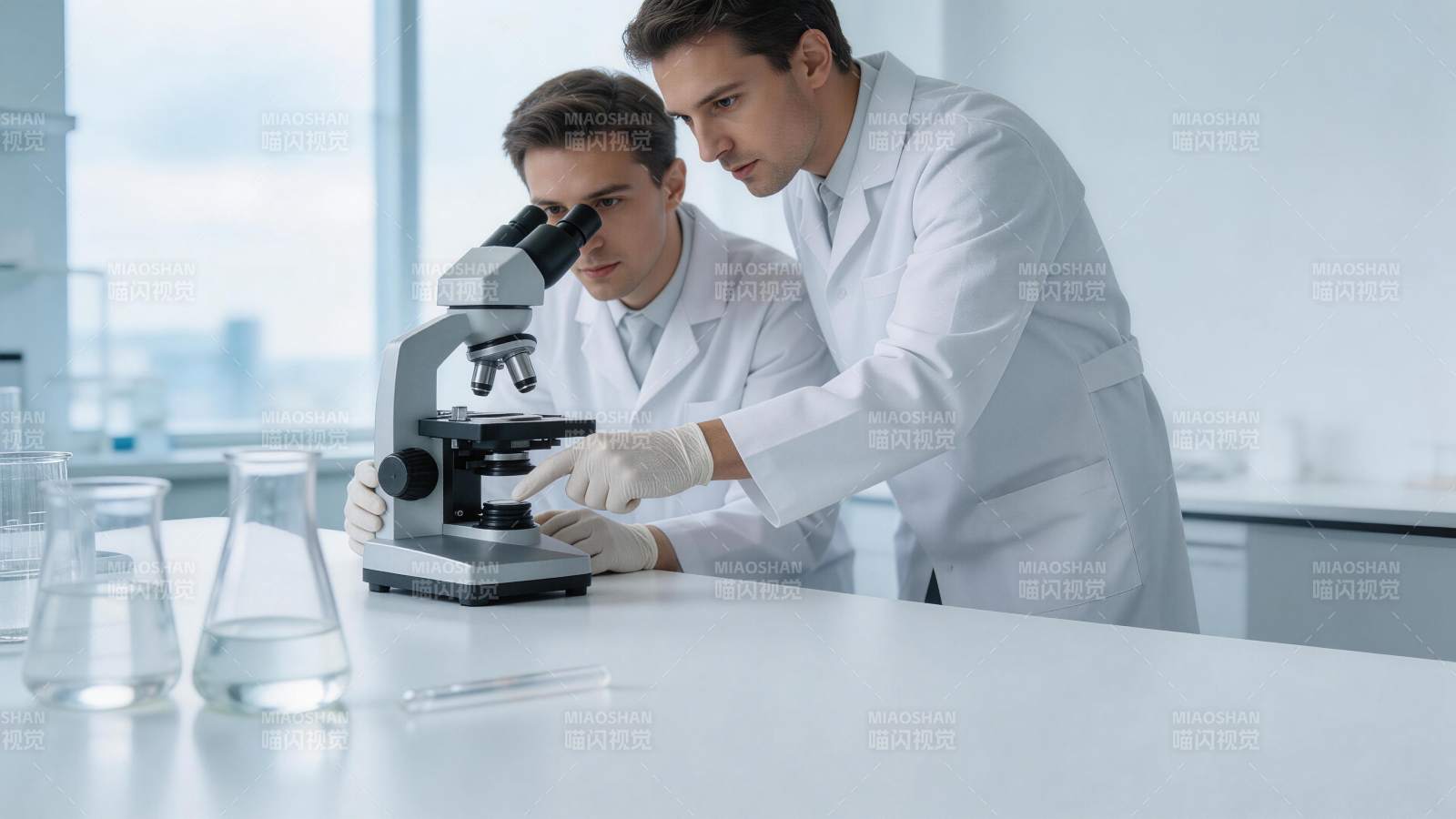 两位科研人员在实验室使用显微镜进行观察研图片