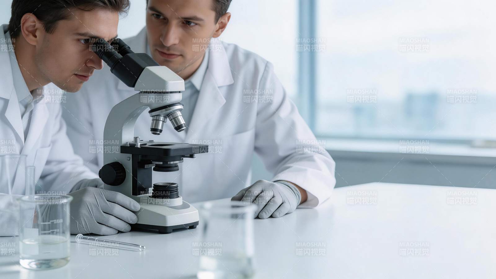 两位科研人员使用显微镜进行实验观察图片