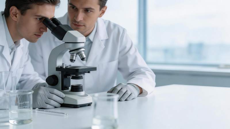 两位科研人员使用显微镜进行实验观察图片