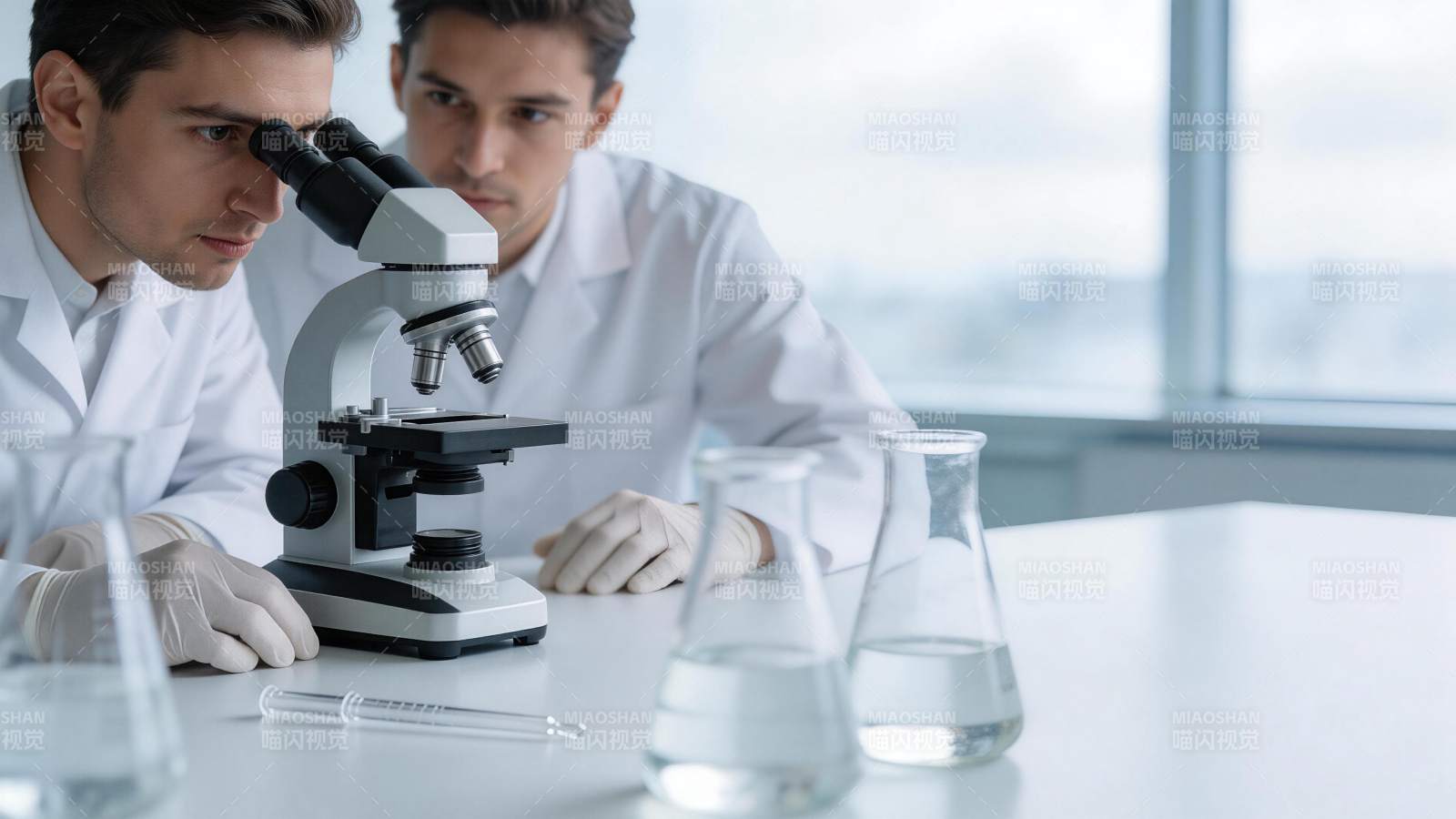 两位科研人员使用显微镜进行实验观察图片