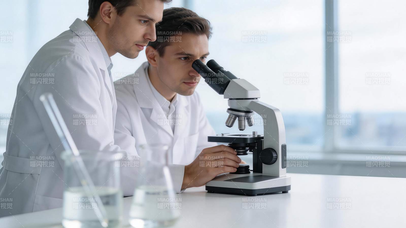 两位科研人员在实验室使用显微镜进行观察图片
