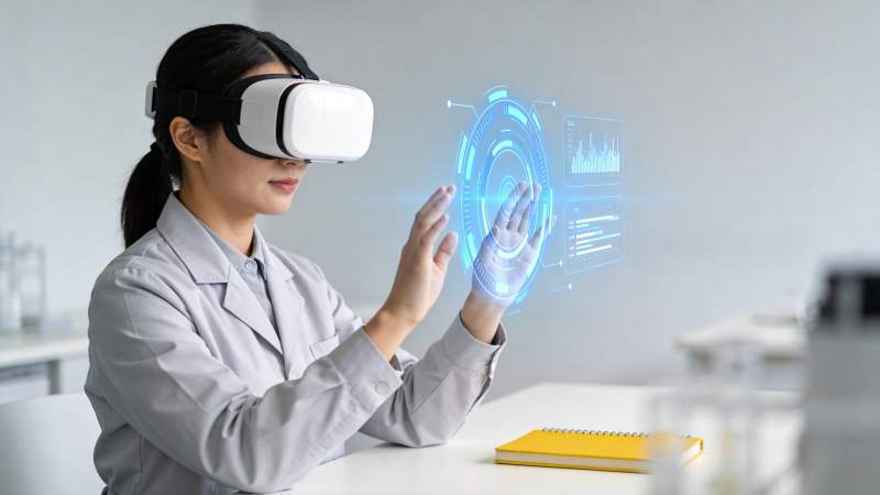 女性佩戴VR设备操作全息界面图片