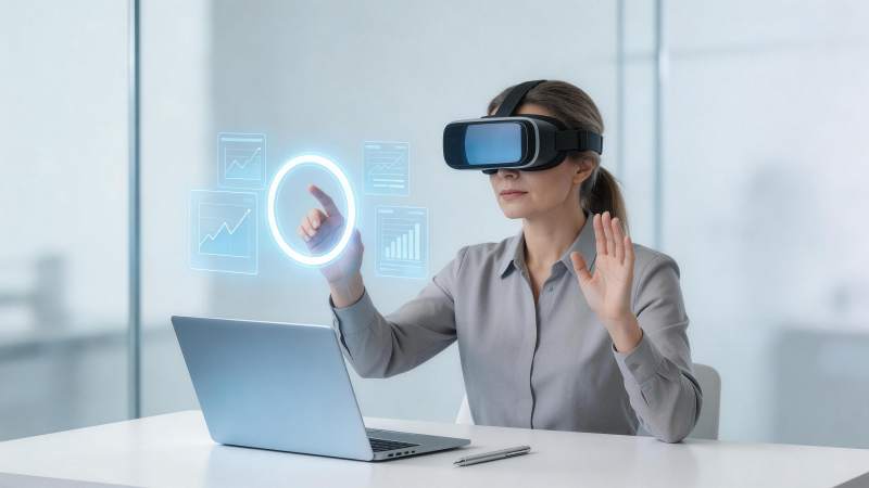 女性佩戴VR设备操作全息数据图表界面图片