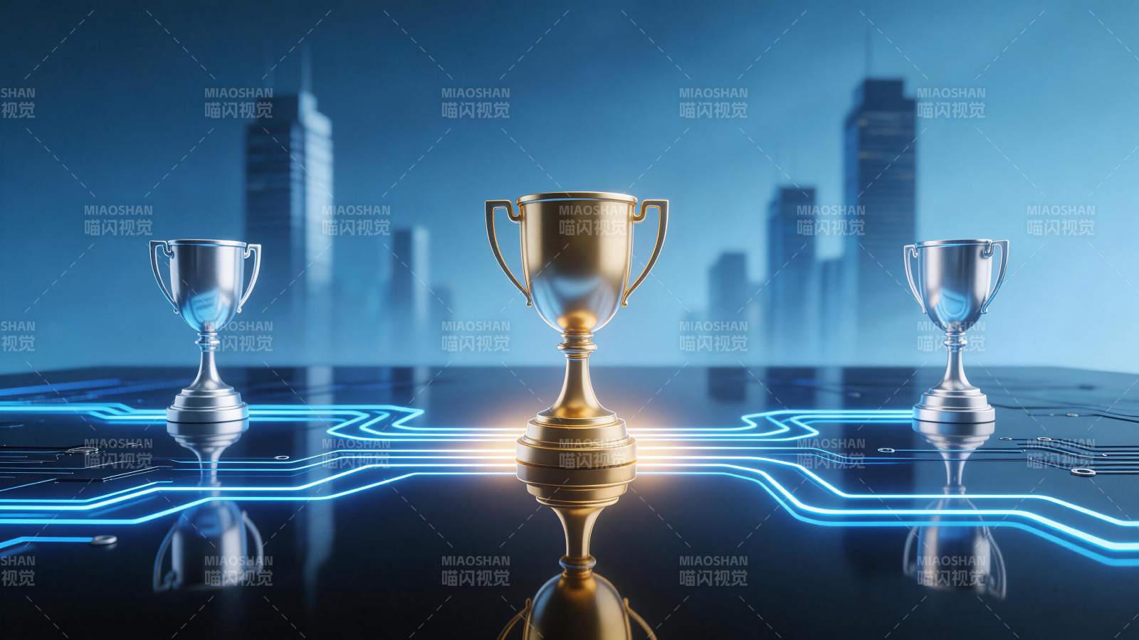 三个奖杯置于电路板上城市背景前图片