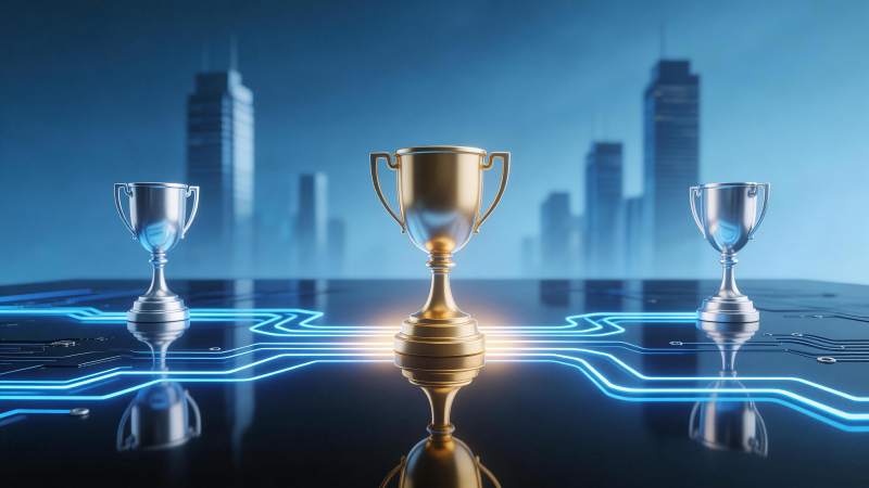 三个奖杯置于电路板上城市背景前图片