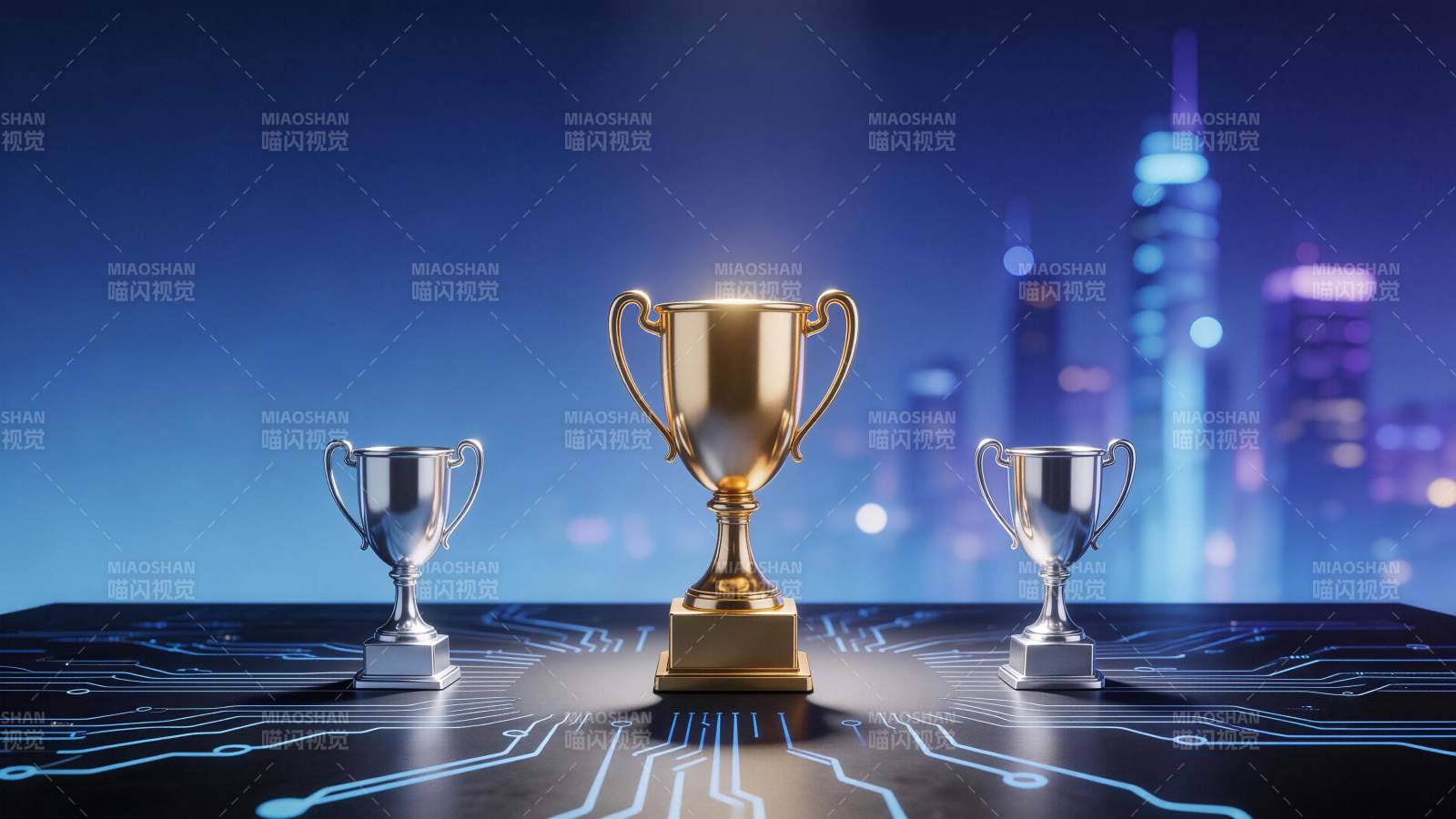 三个奖杯置于电路板上城市夜景背景图片