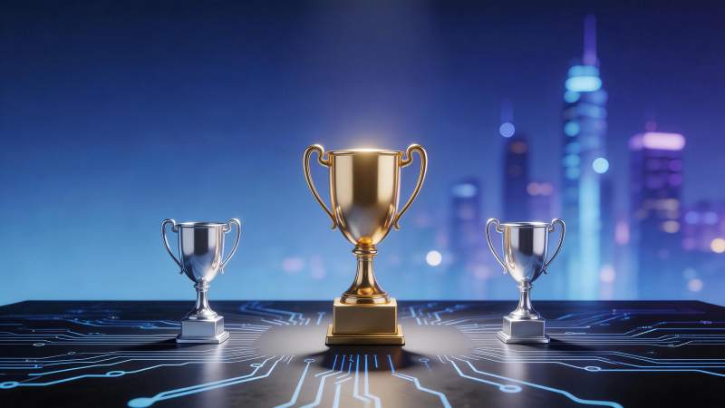 三个奖杯置于电路板上城市夜景背景图片