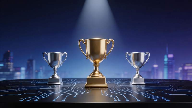 电路板上的三座奖杯在聚光灯下展示图片