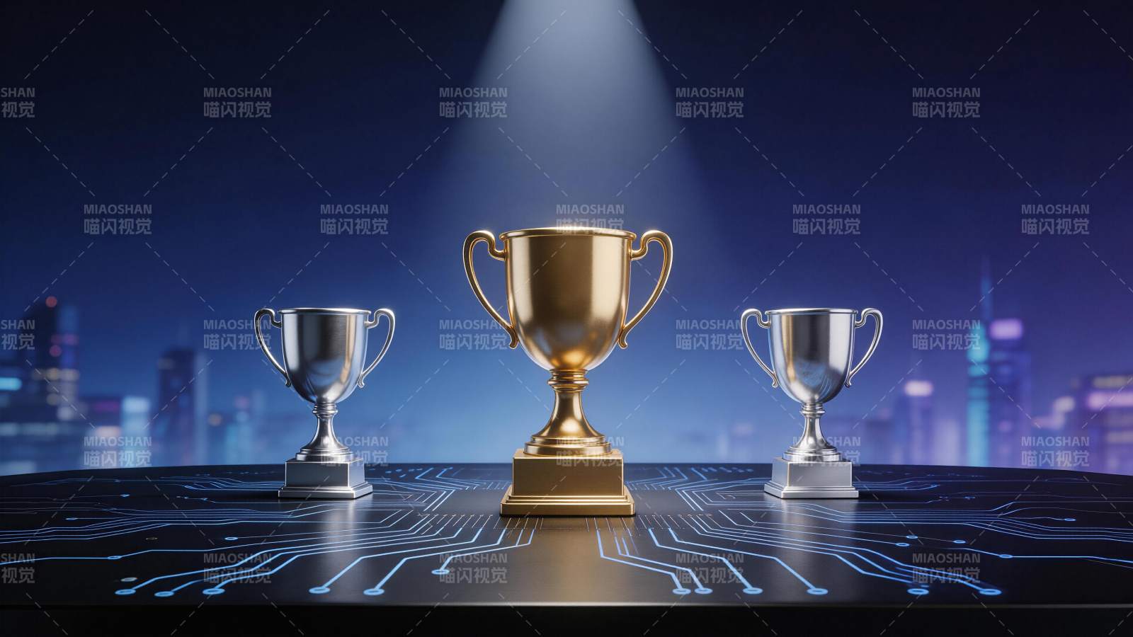 电路板上的三座奖杯在聚光灯下展示图片