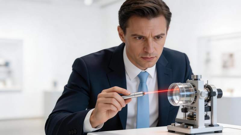男子手持激光笔照射光学仪器进行实验图片