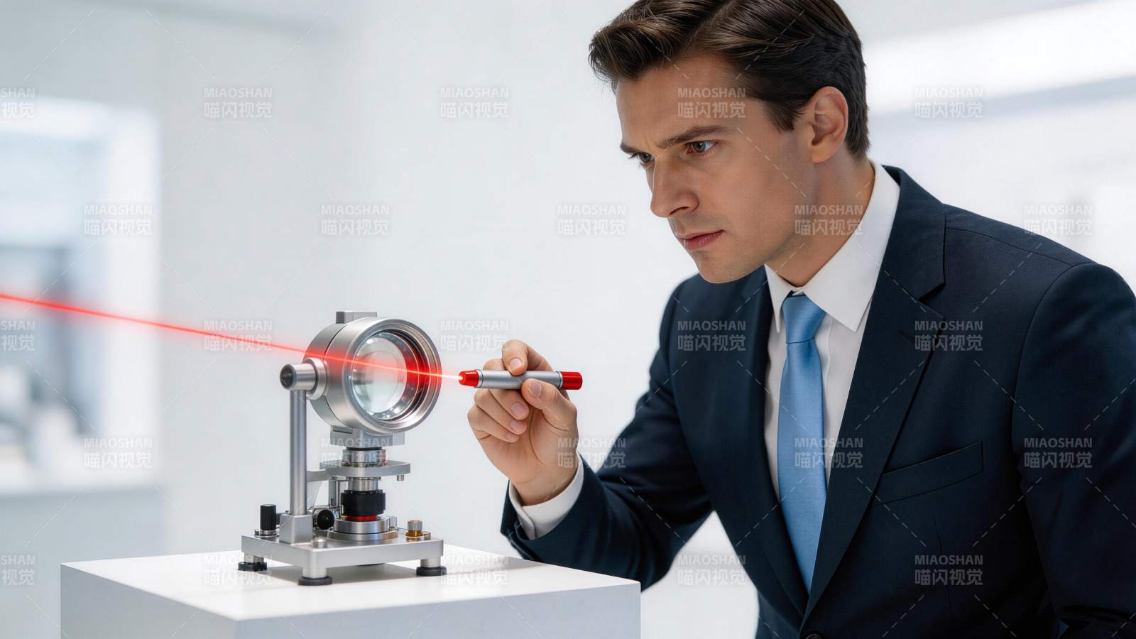 男子手持激光笔照射光学仪器设备图片