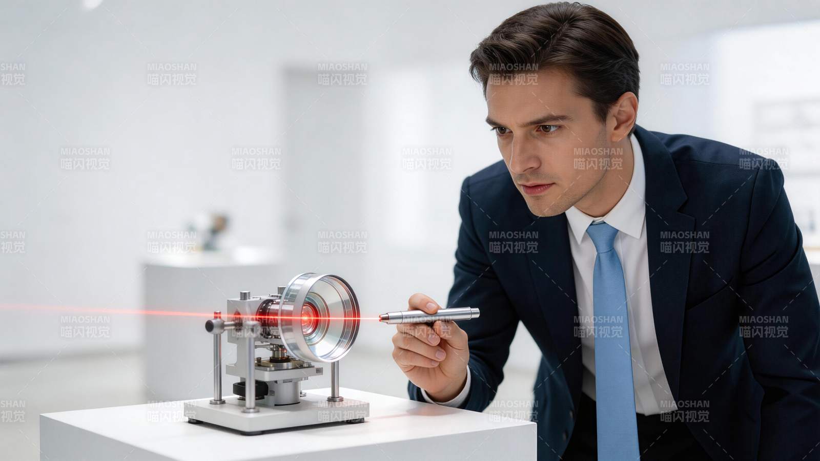 男子手持激光笔照射光学实验装置图片
