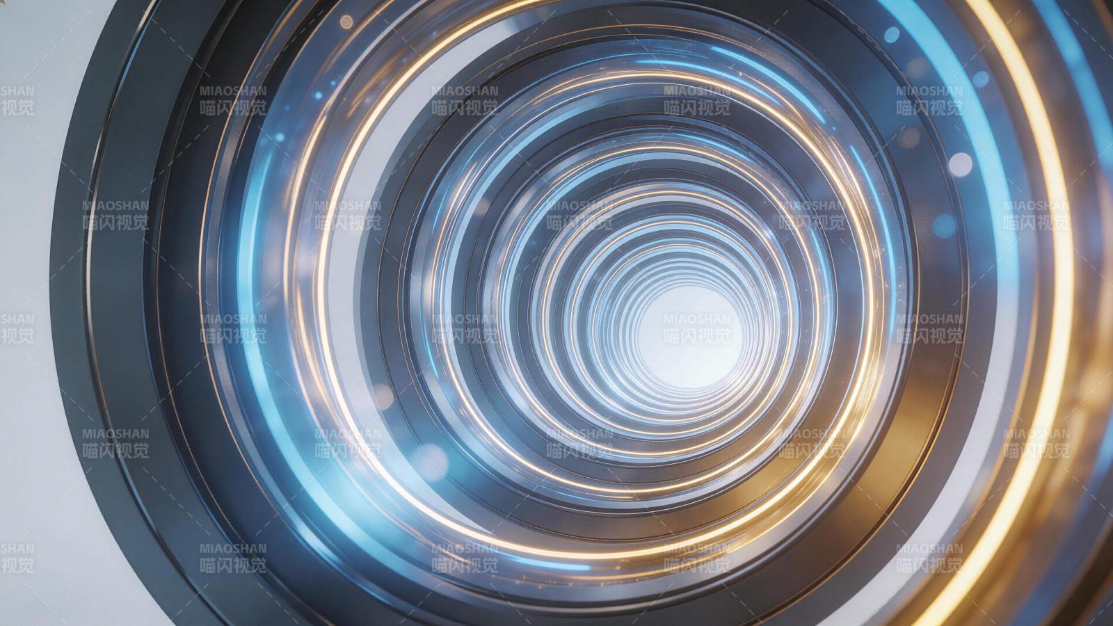 金属环形隧道内蓝金光带螺旋延伸图片