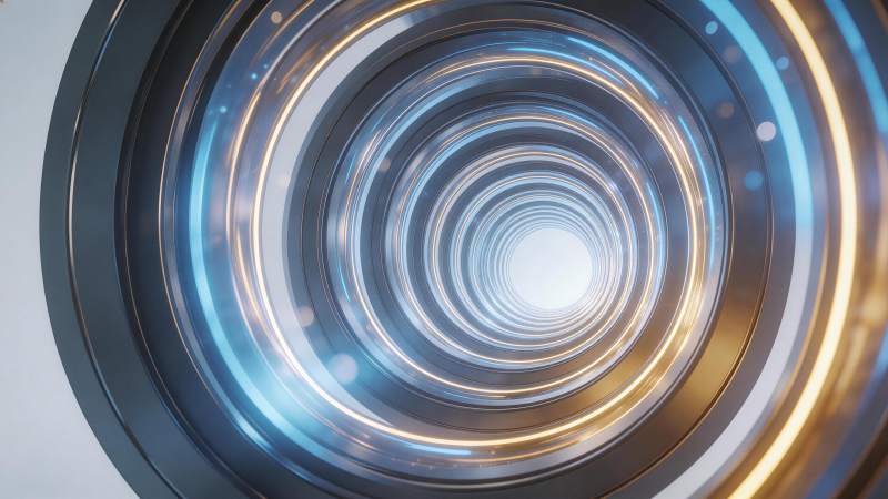 金属环形隧道内蓝金光带螺旋延伸图片