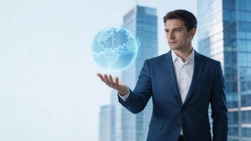 商务男士托举全息地球数据模型图片