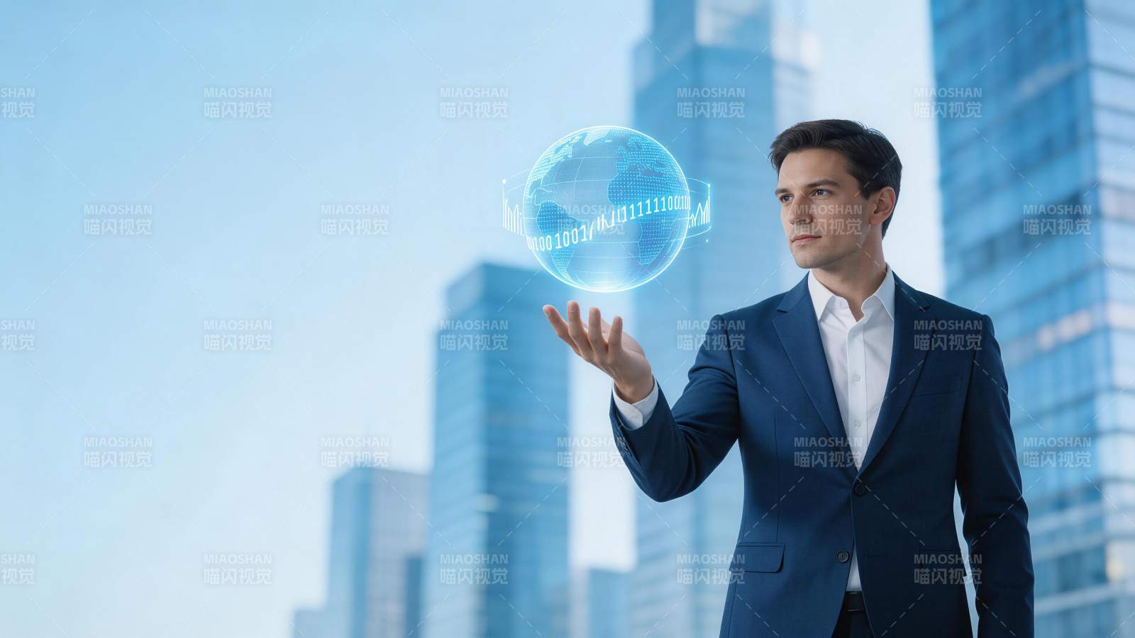 商务男士托举全息地球数据模型图片