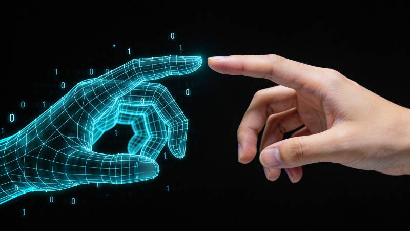 人类手指触碰数字网格手模型交互场景图片