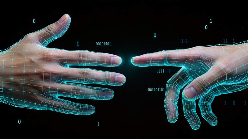 数字网格双手即将触碰呈现科技交互场景图片