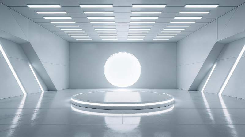 未来感白色科技展厅中央圆形展台与环形光带图片