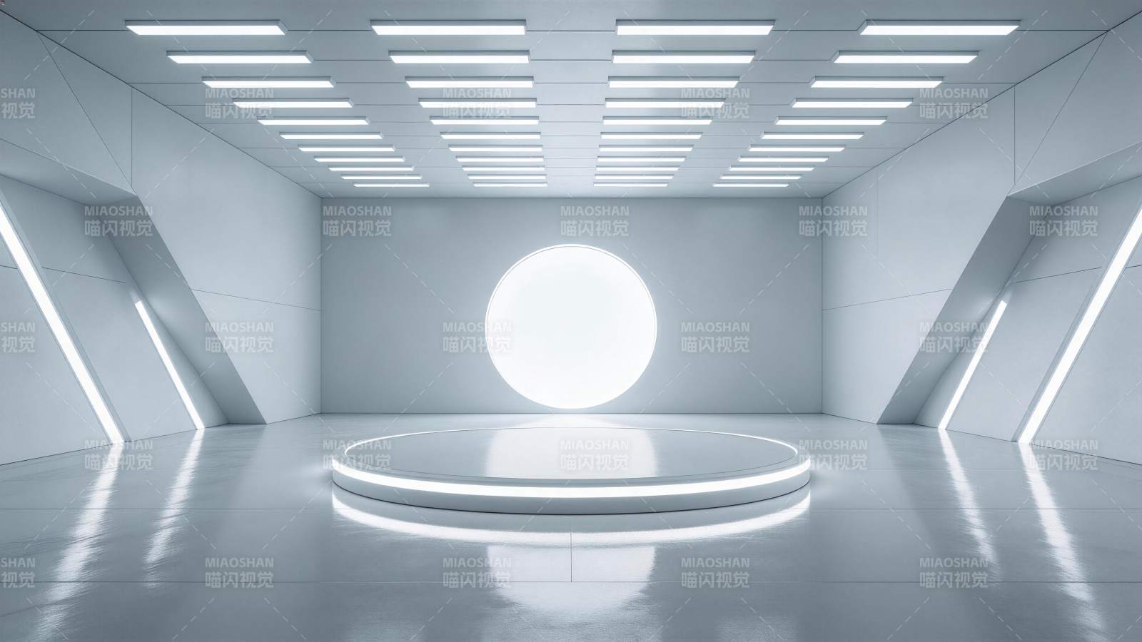 未来感白色科技展厅中央圆形展台与环形光带图片