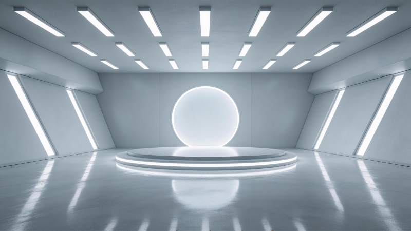 白色未来感展厅中央圆形发光展台图片