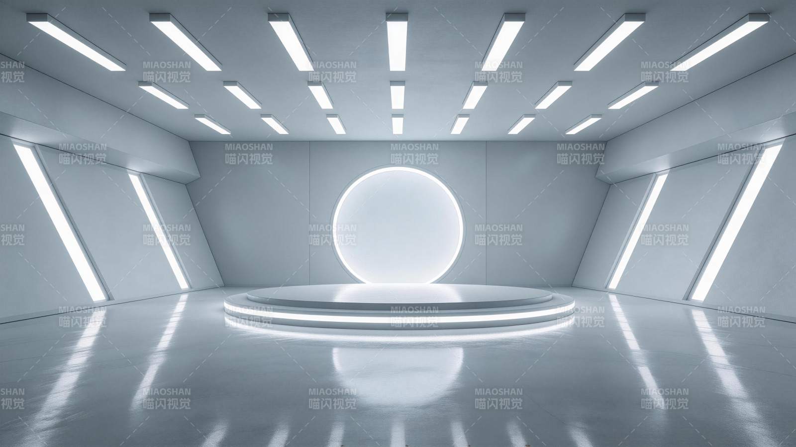 白色未来感展厅中央圆形发光展台图片