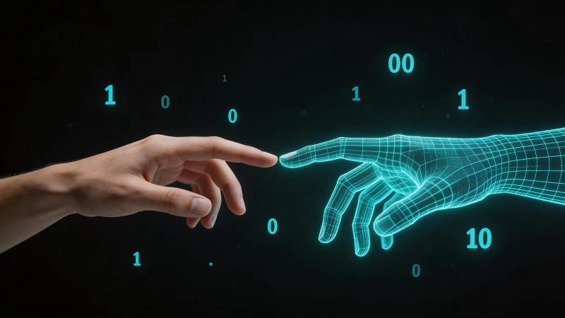 人类手指触碰数字网格虚拟手交互场景图片