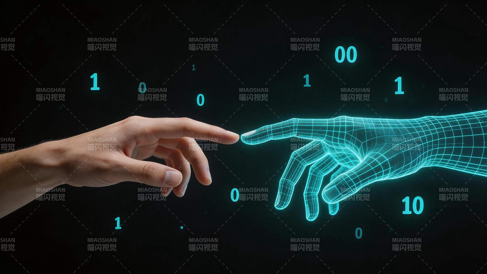 人类手指触碰数字网格虚拟手交互场景图片