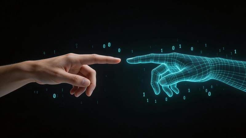 真实手指与数字网格手即将触碰的科技互动场图片