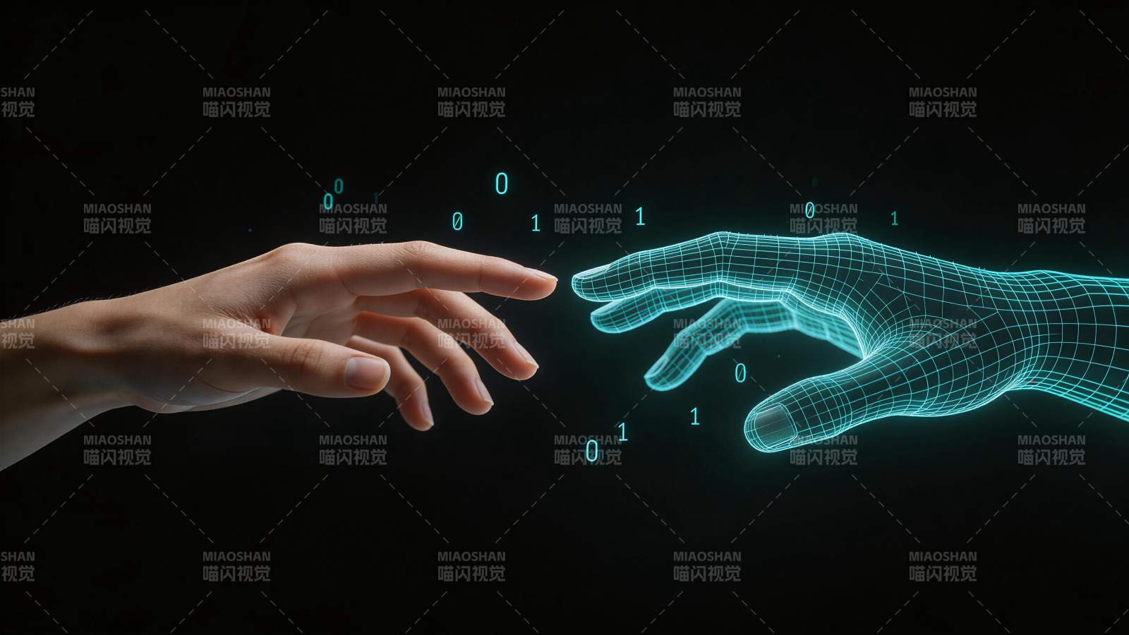 真实人手与数字网格手交互触碰瞬间图片