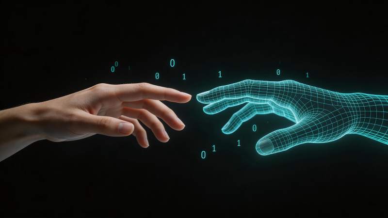 真实人手与数字网格手交互触碰瞬间图片