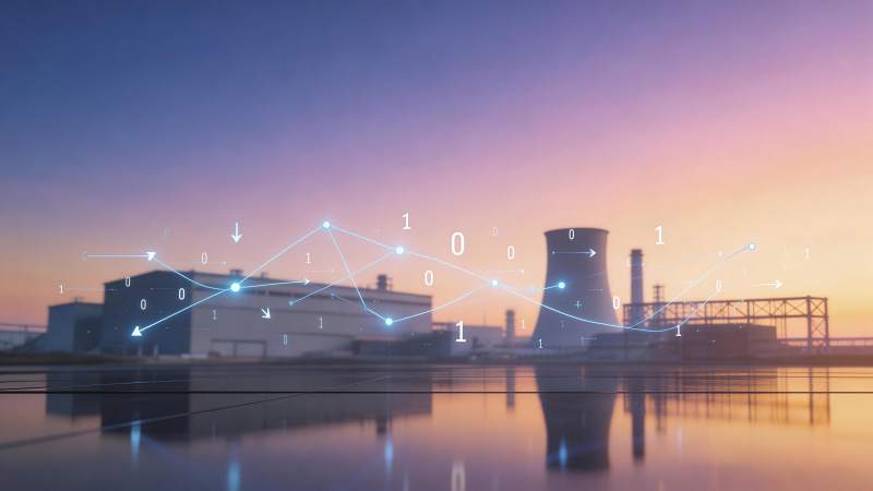 核电站冷却塔与数据流叠加的工业场景图片