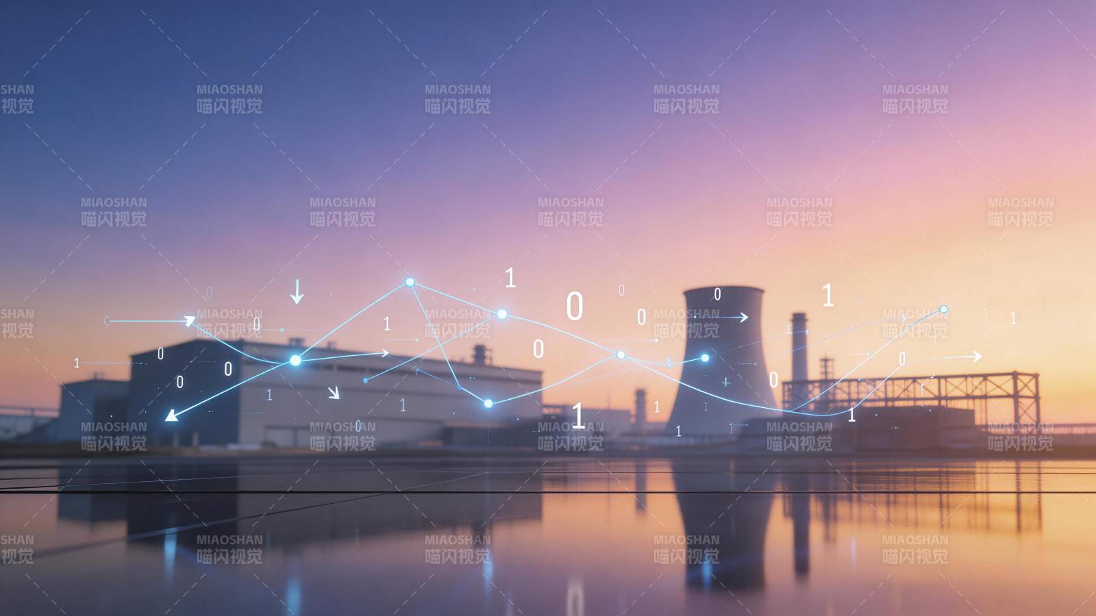 核电站冷却塔与数据流叠加的工业场景图片