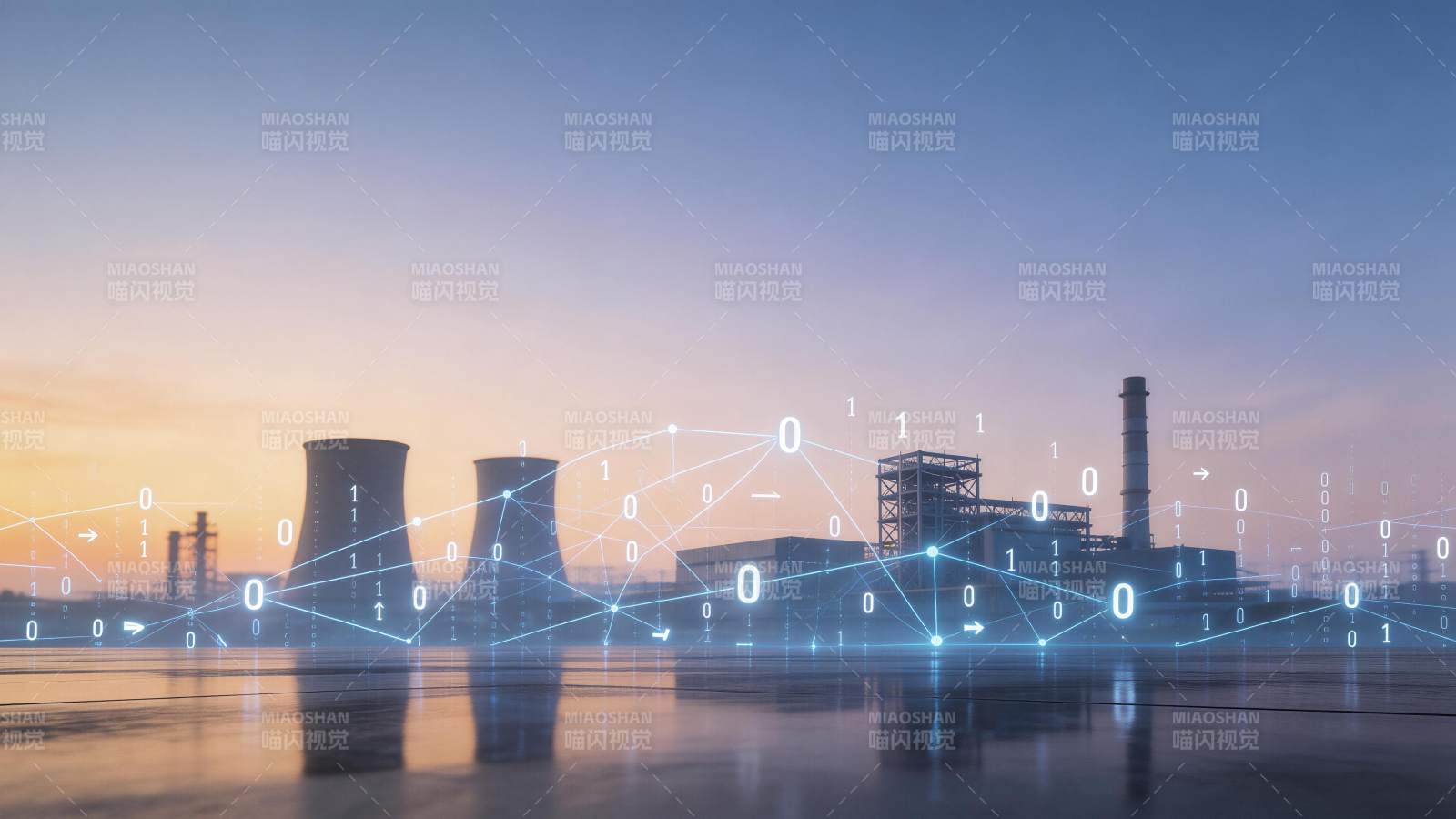 工业厂区冷却塔与数字网络叠加景象图片