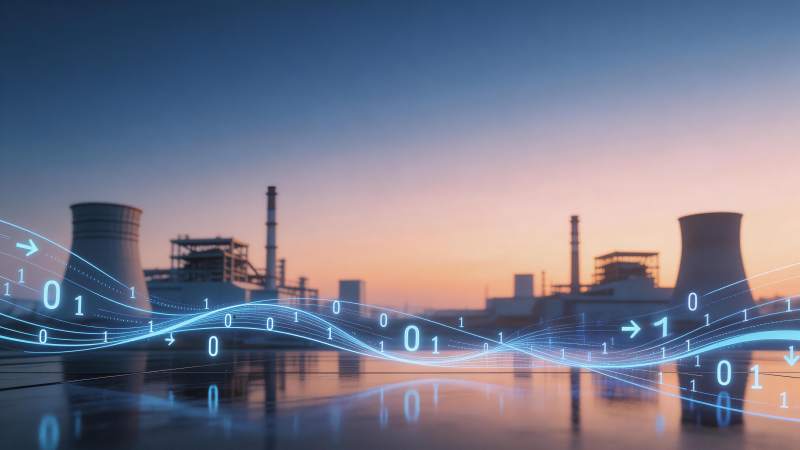 工业厂区背景下的二进制数据流可视化图片