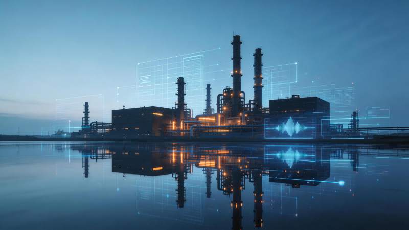 工业厂区夜景与数字界面叠加呈现图片