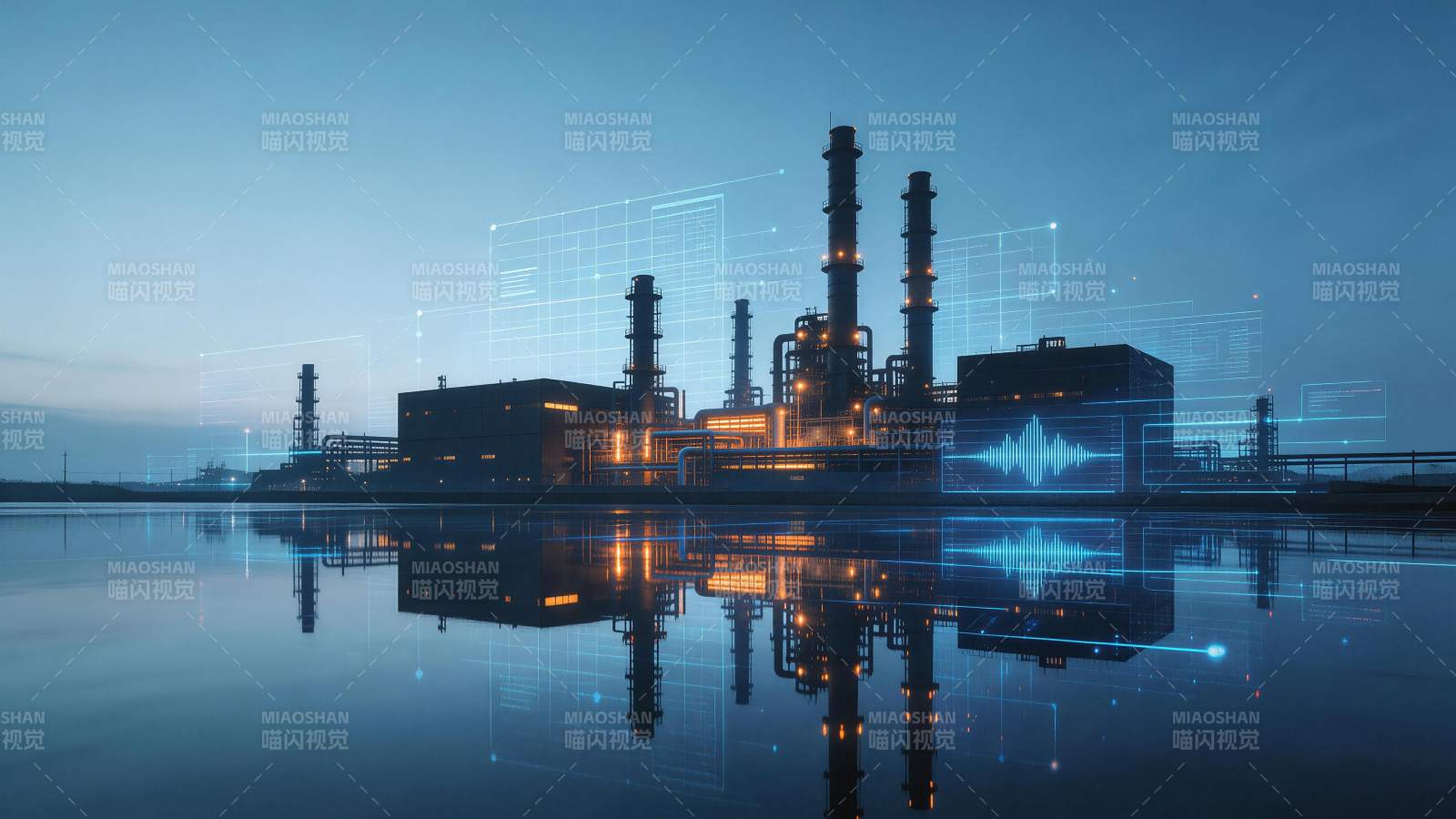 工业厂区夜景与数字界面叠加呈现图片