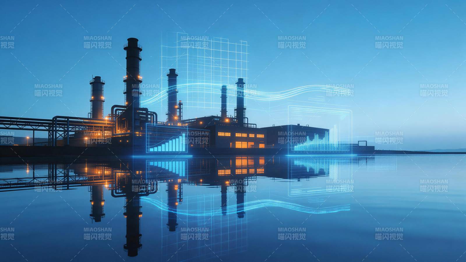 工业厂区夜景与数据可视化叠加效果图片