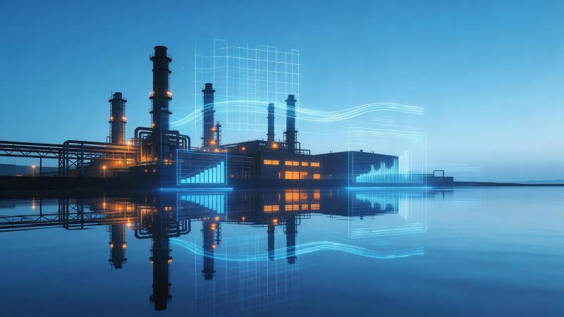 工业厂区夜景与数据可视化叠加效果图片