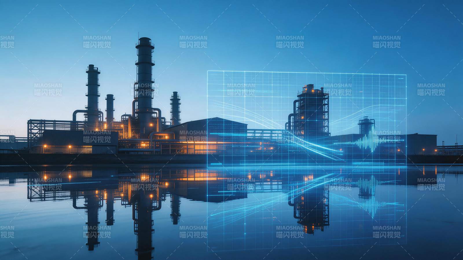 工业厂区夜景与蓝色数据网格叠加影像图片