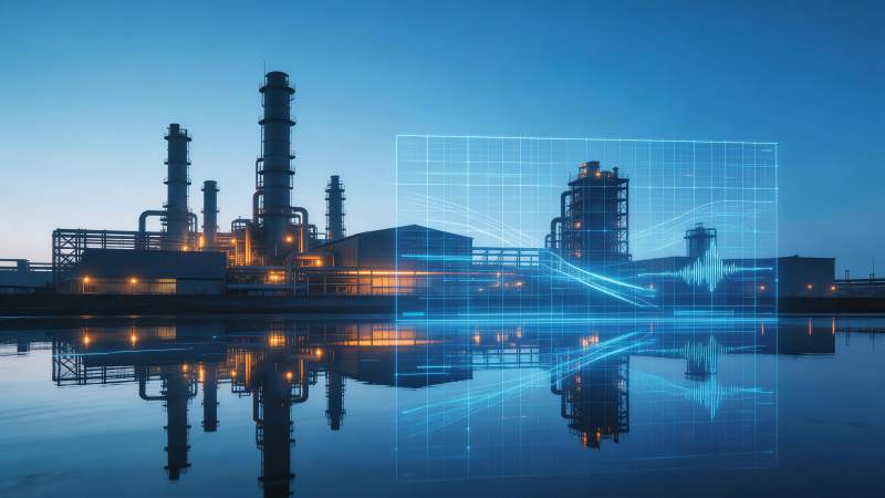 工业厂区夜景与蓝色数据网格叠加影像图片