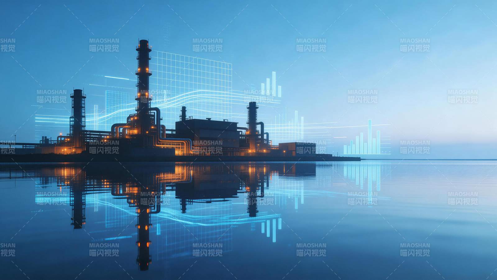 工业厂区夜景与数据图表叠加倒影效果图片